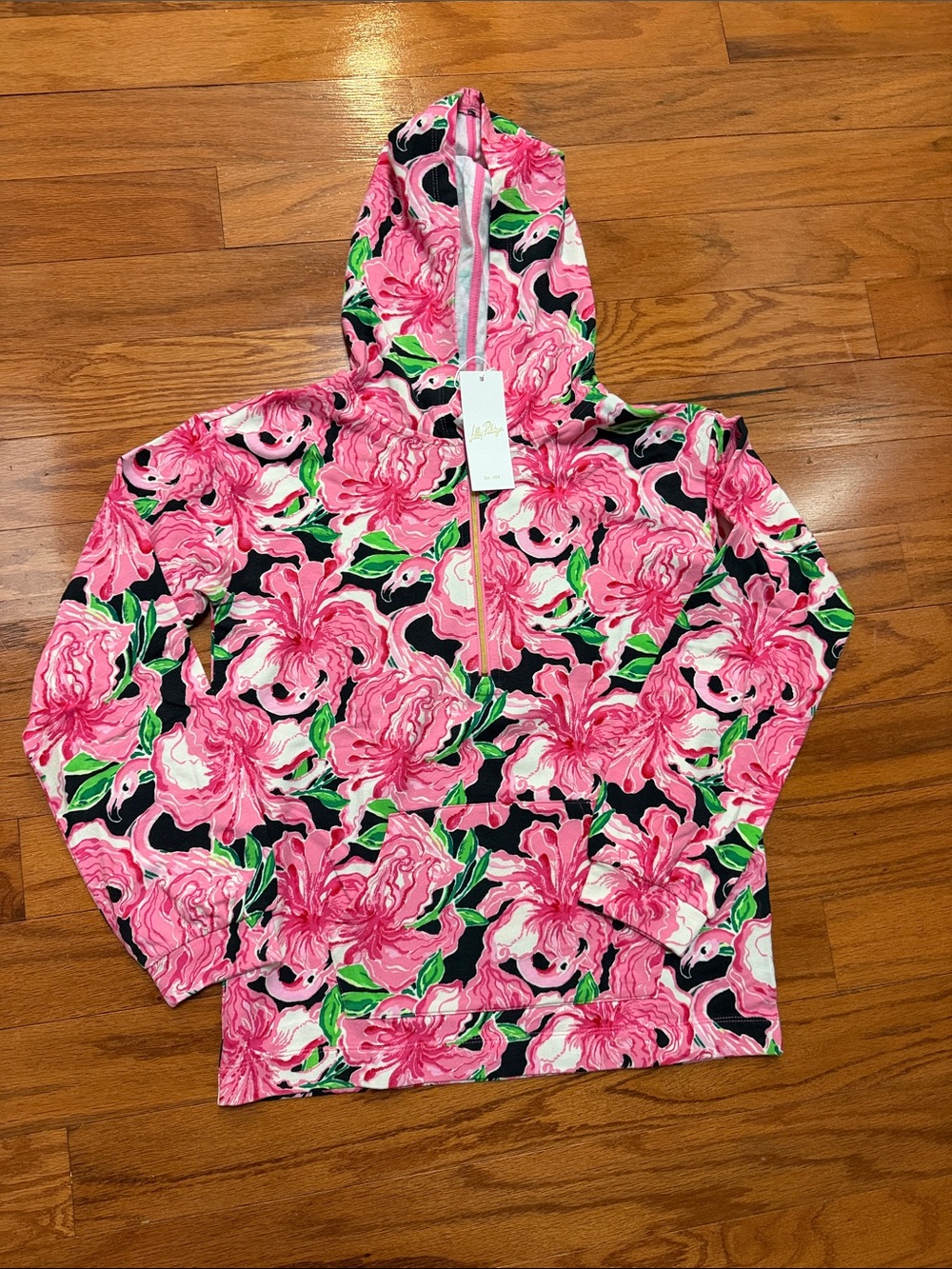 Lilly Pulitzer Onyx Mini Kamillie Hoodie with Pink & Green Floral Print